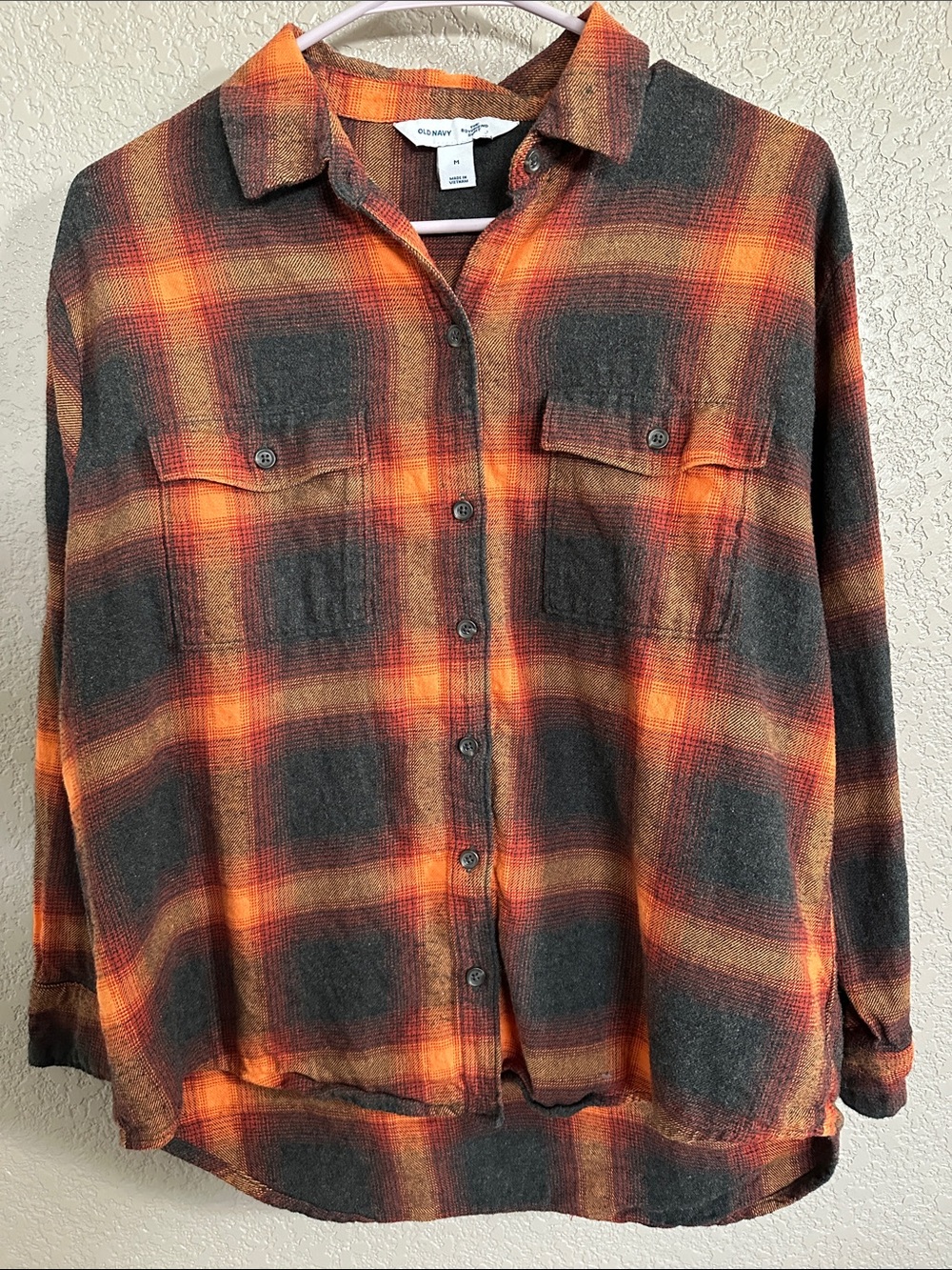 Old Navy Orange and Charcoal Plaid Button-Down Flannel Shirt